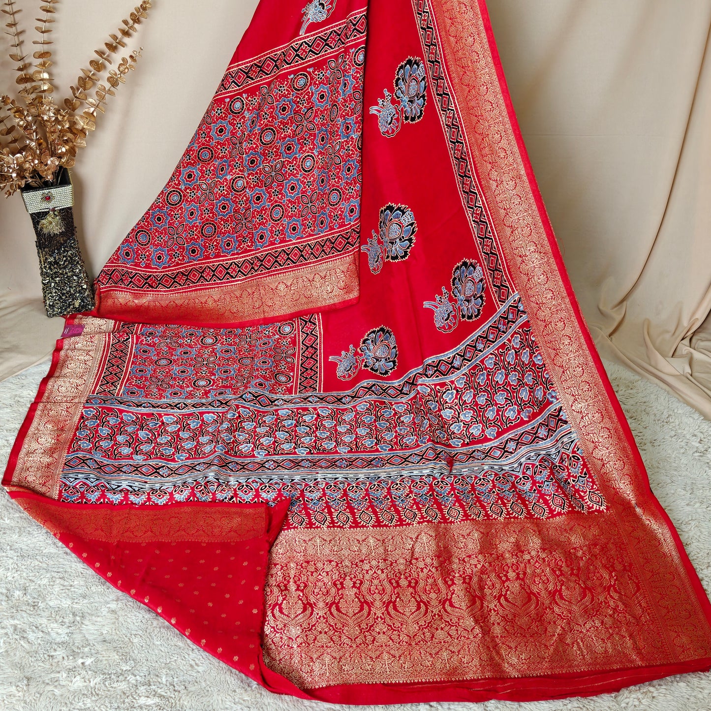 Red ajrakh handblock printed dola silk saree