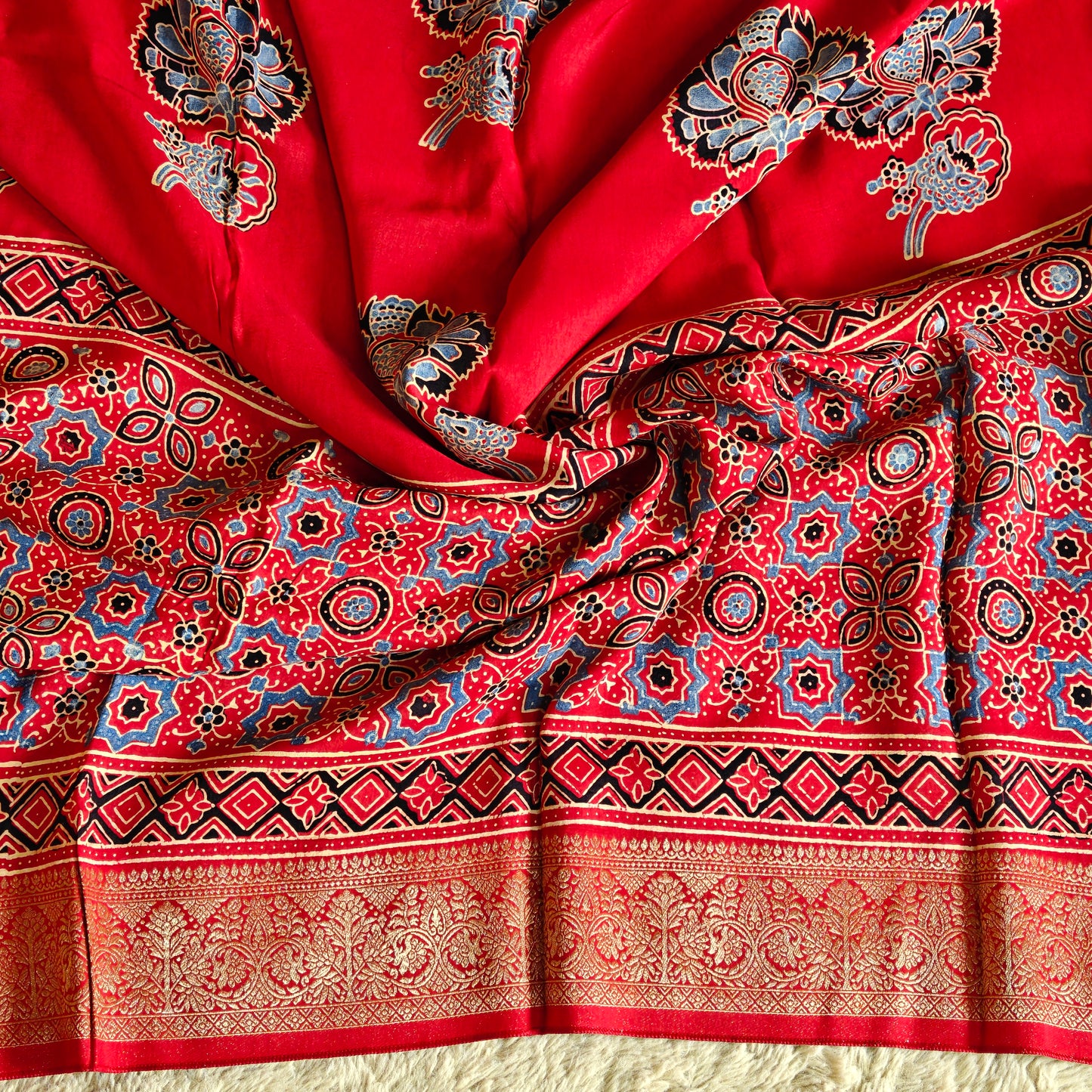 Red ajrakh handblock printed dola silk saree