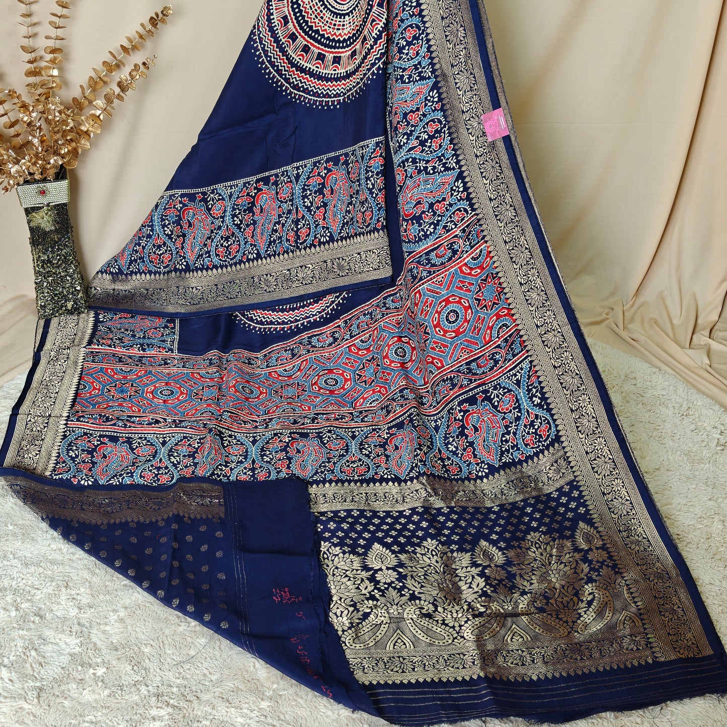 Navy blue ajrakh handblock printed dola silk saree