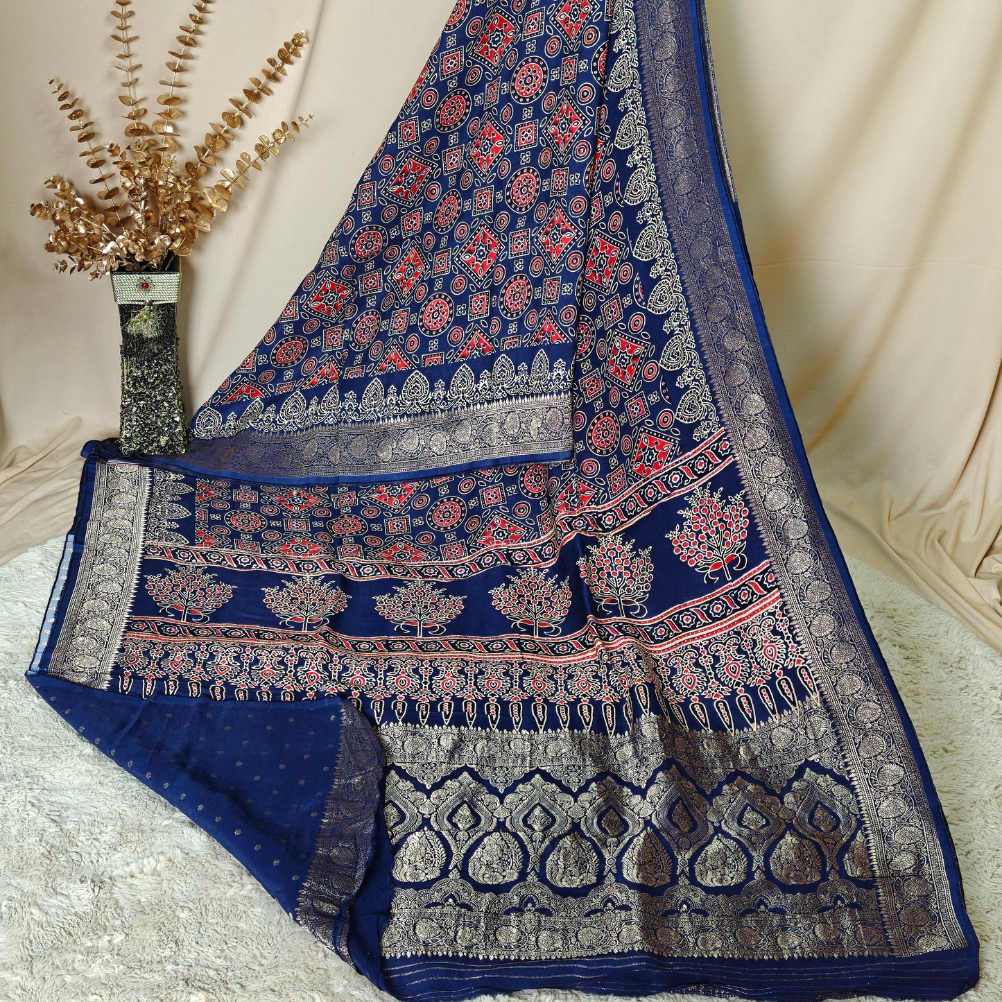 Navy blue ajrakh handblock printed pure dola silk saree