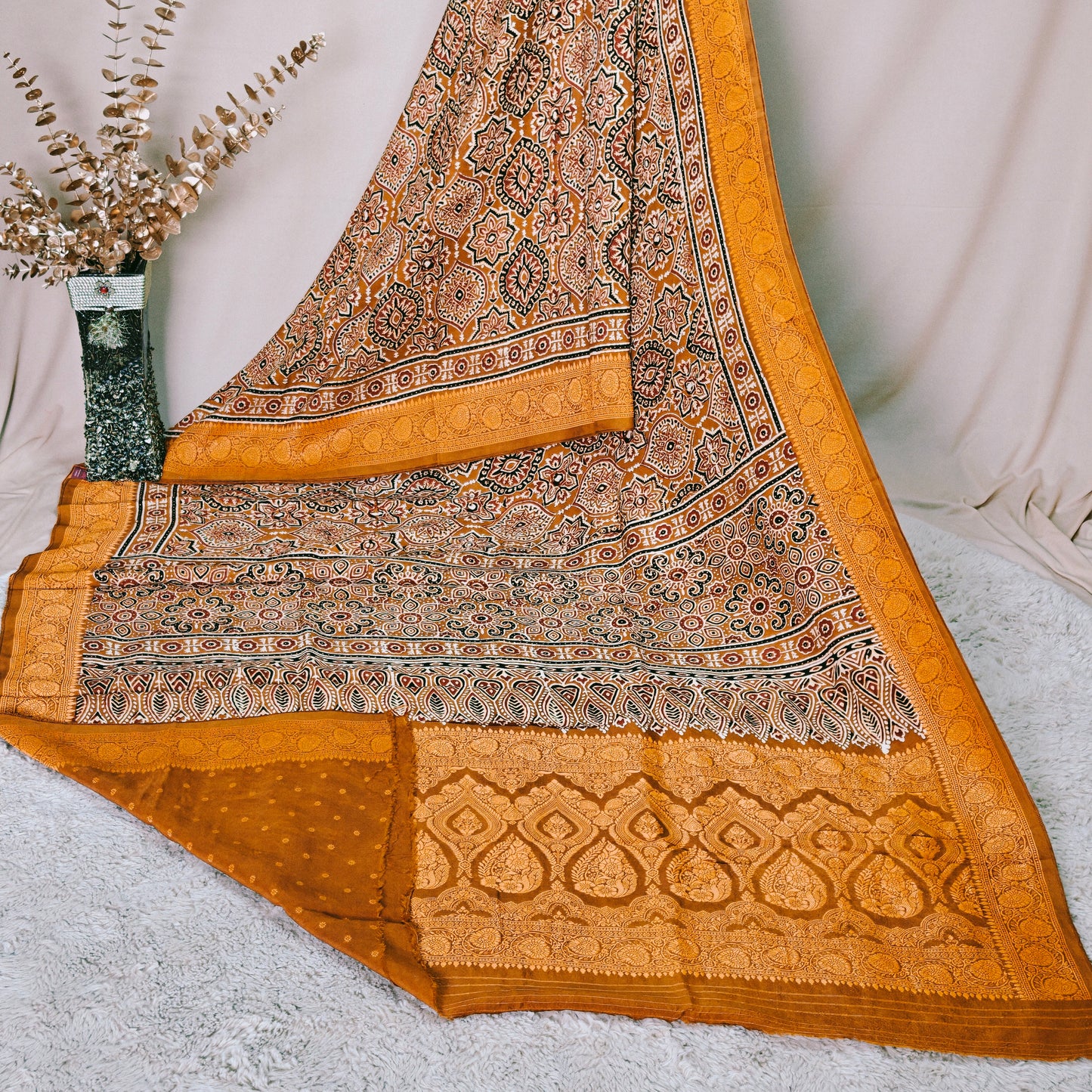 Brown ajrakh handblock printed dola silk saree