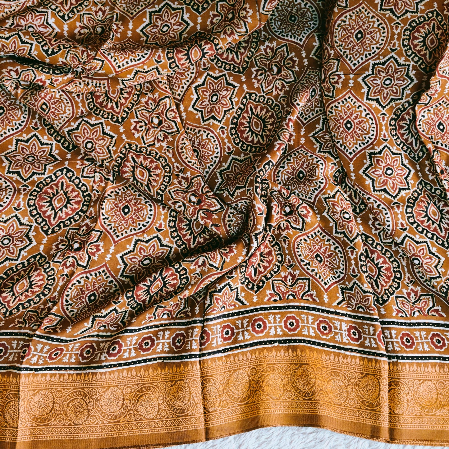 Brown ajrakh handblock printed dola silk saree
