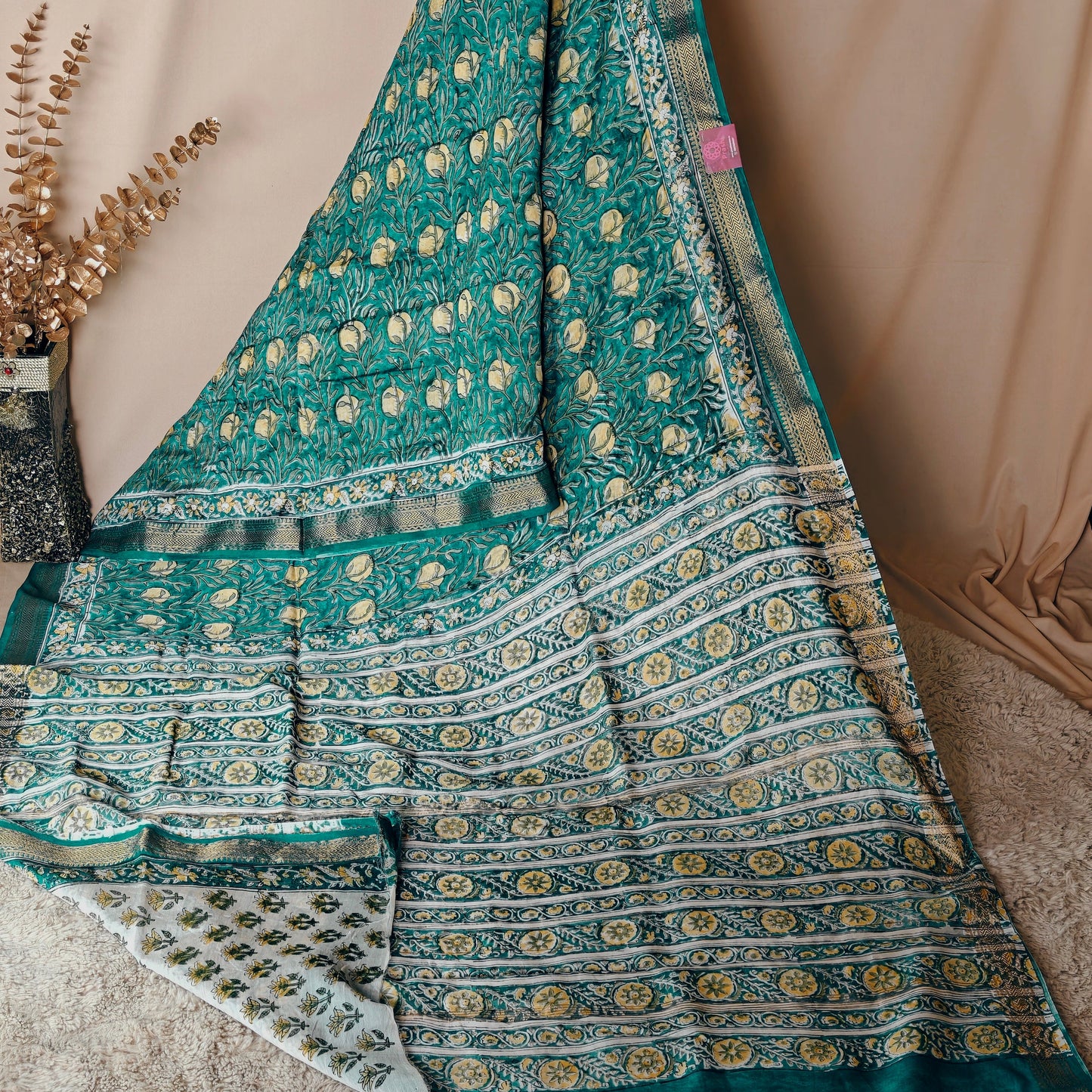 Rama green ajrakh handblock printed pure maheshwari silk saree