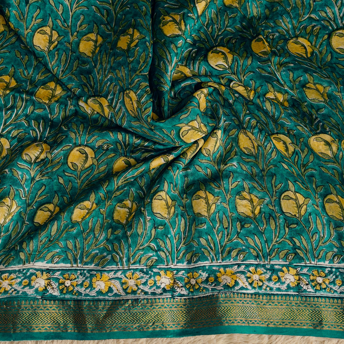 Rama green ajrakh handblock printed pure maheshwari silk saree
