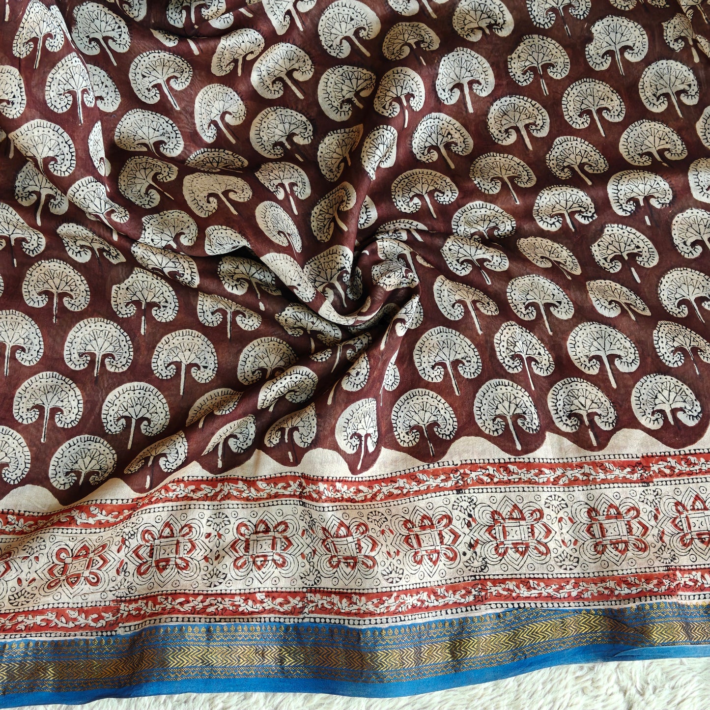 Brown ajrakh handblock printed pure maheshwari silk saree