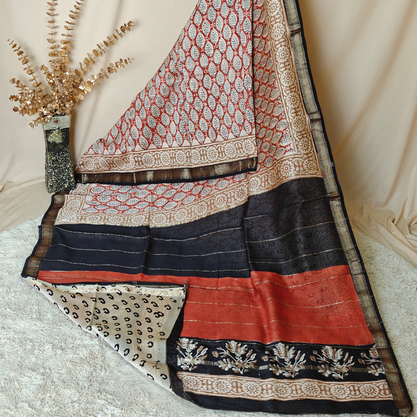 orange ajrakh handblock printed pure maheshwari silk saree