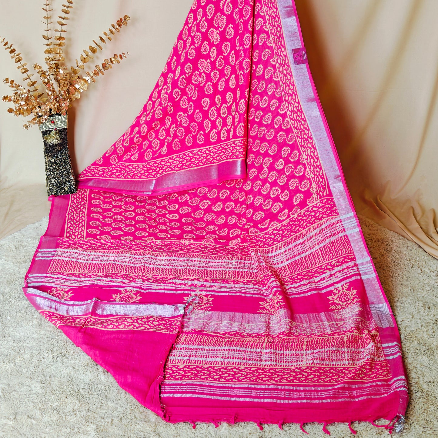 Dark pink pure linen handblock printed saree