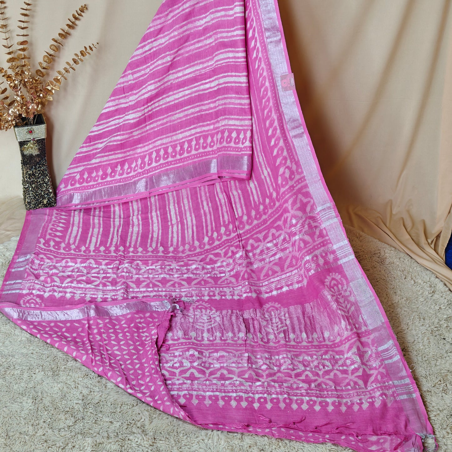 Light pink pure linen handblock printed saree