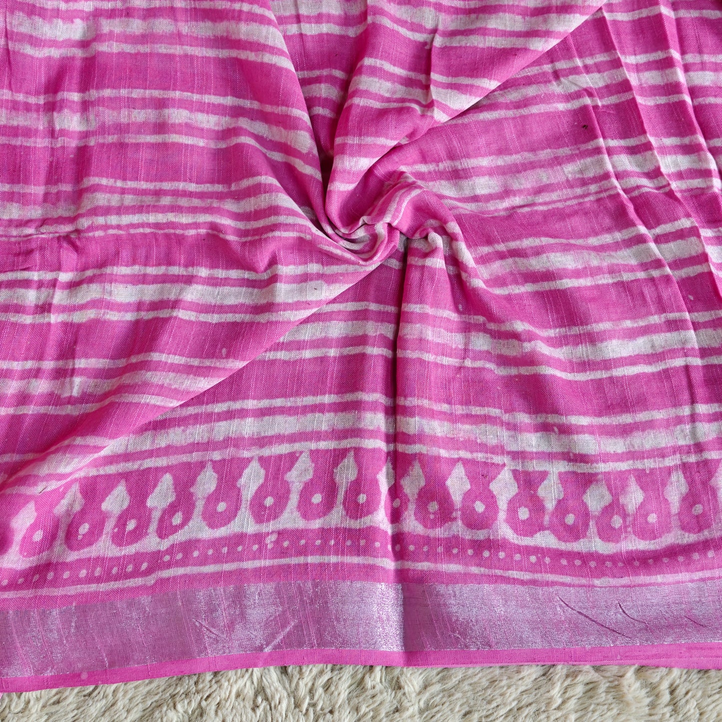 Light pink pure linen handblock printed saree