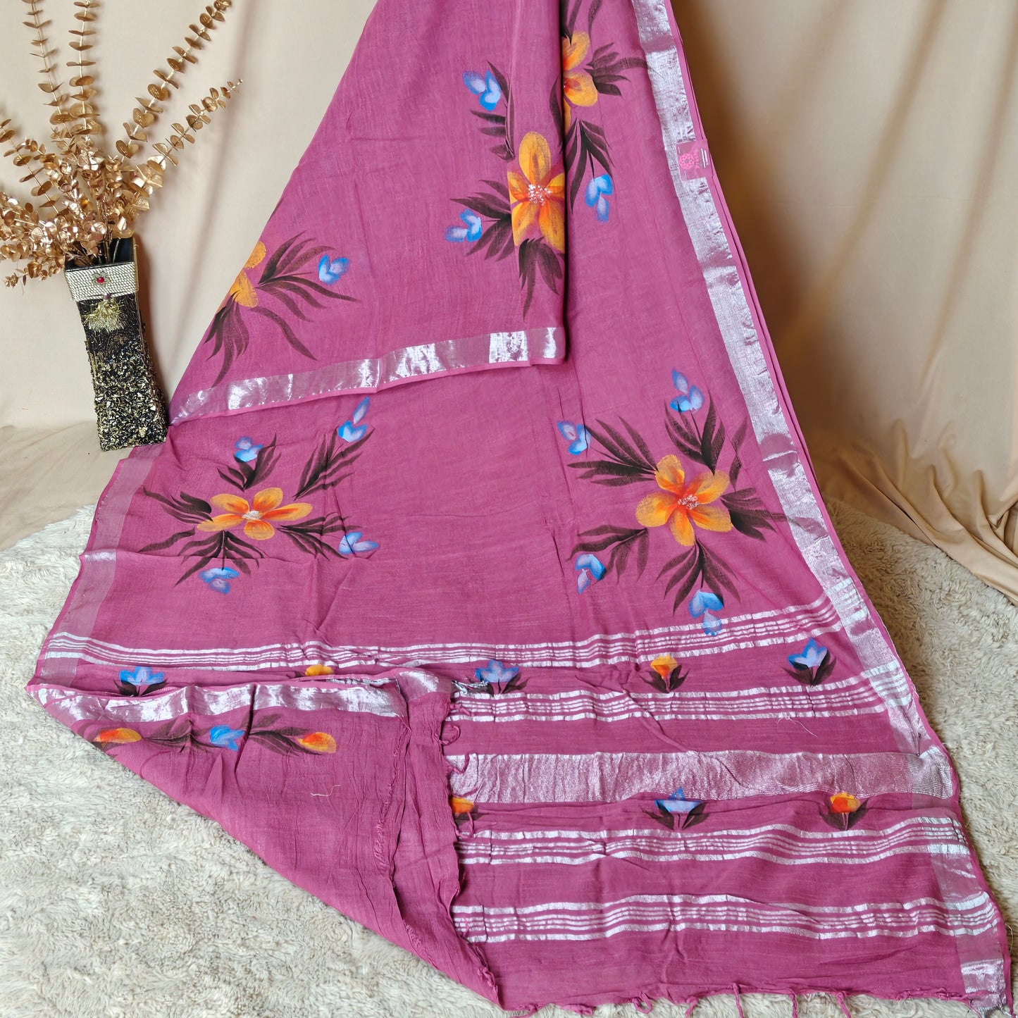 Onion pink pure linen handblock printed saree