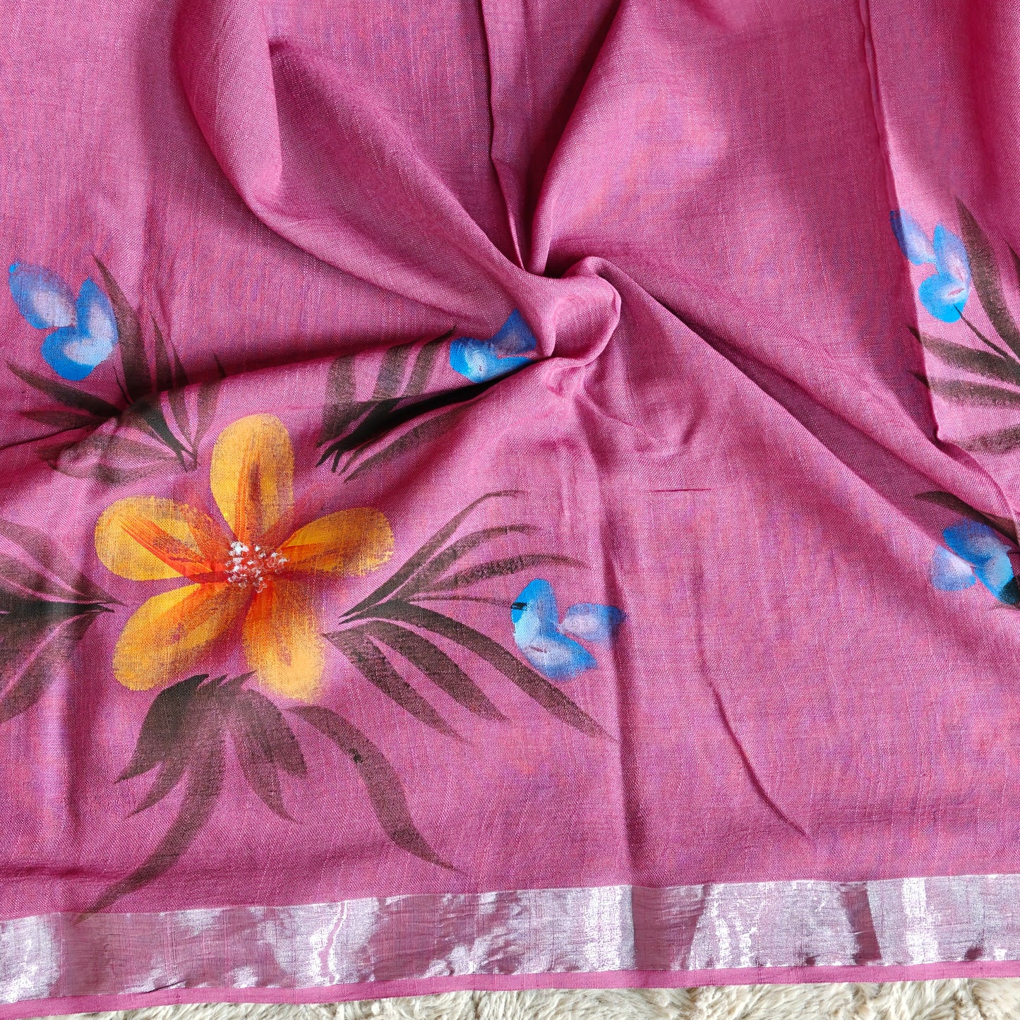 Onion pink pure linen handblock printed saree