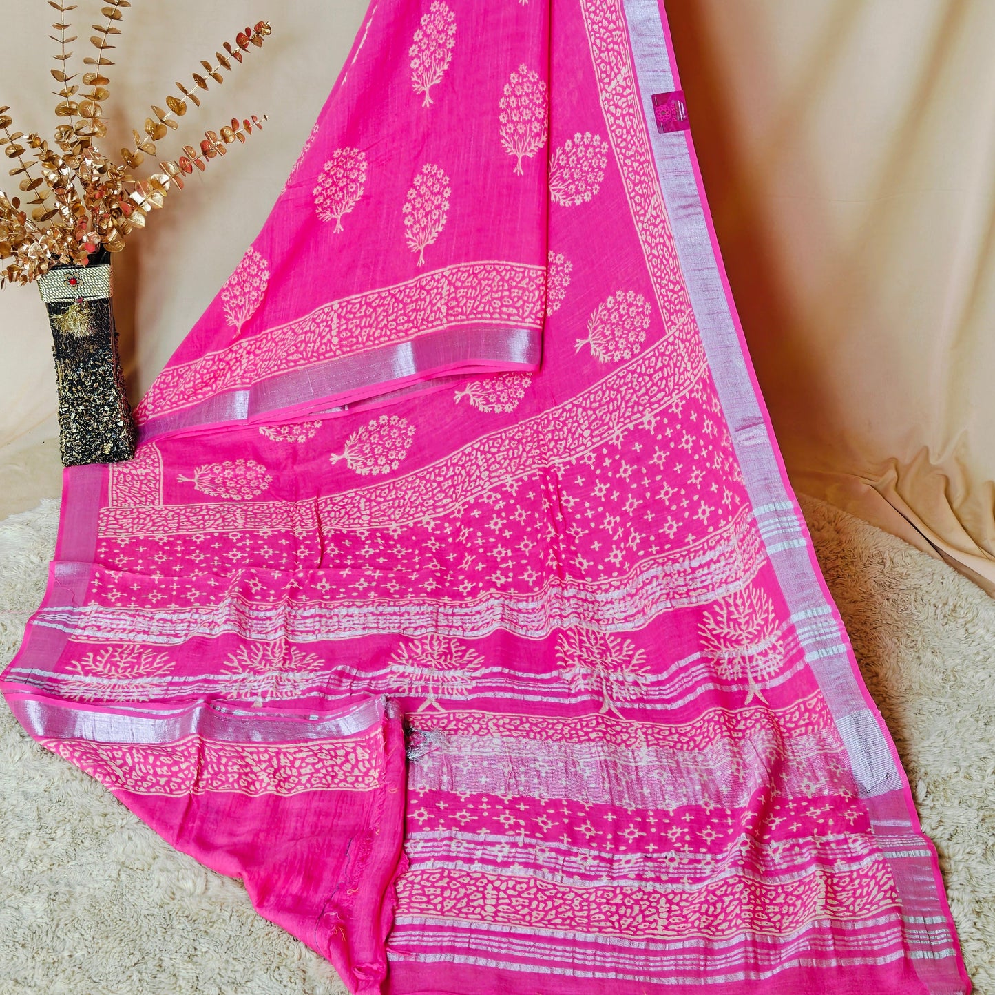 Pink pure linen handblock printed saree