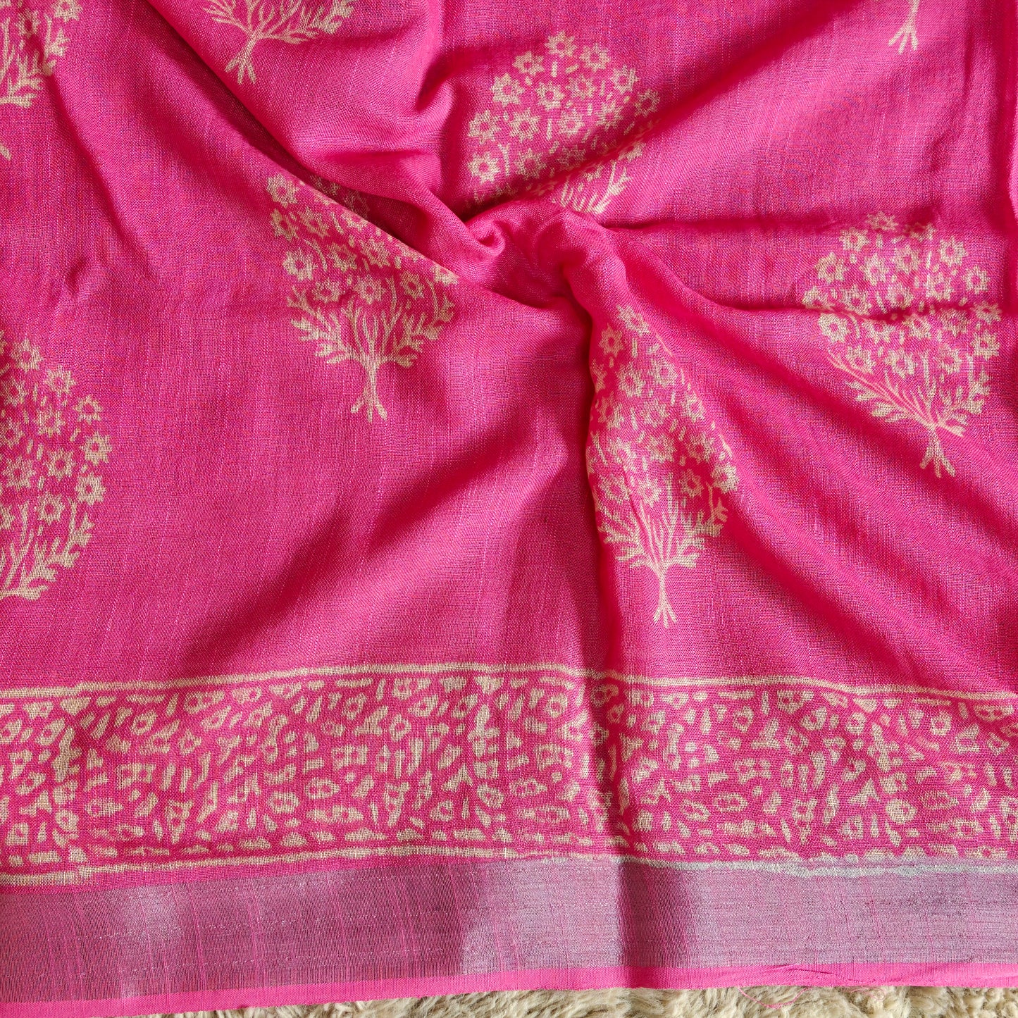 Pink pure linen handblock printed saree