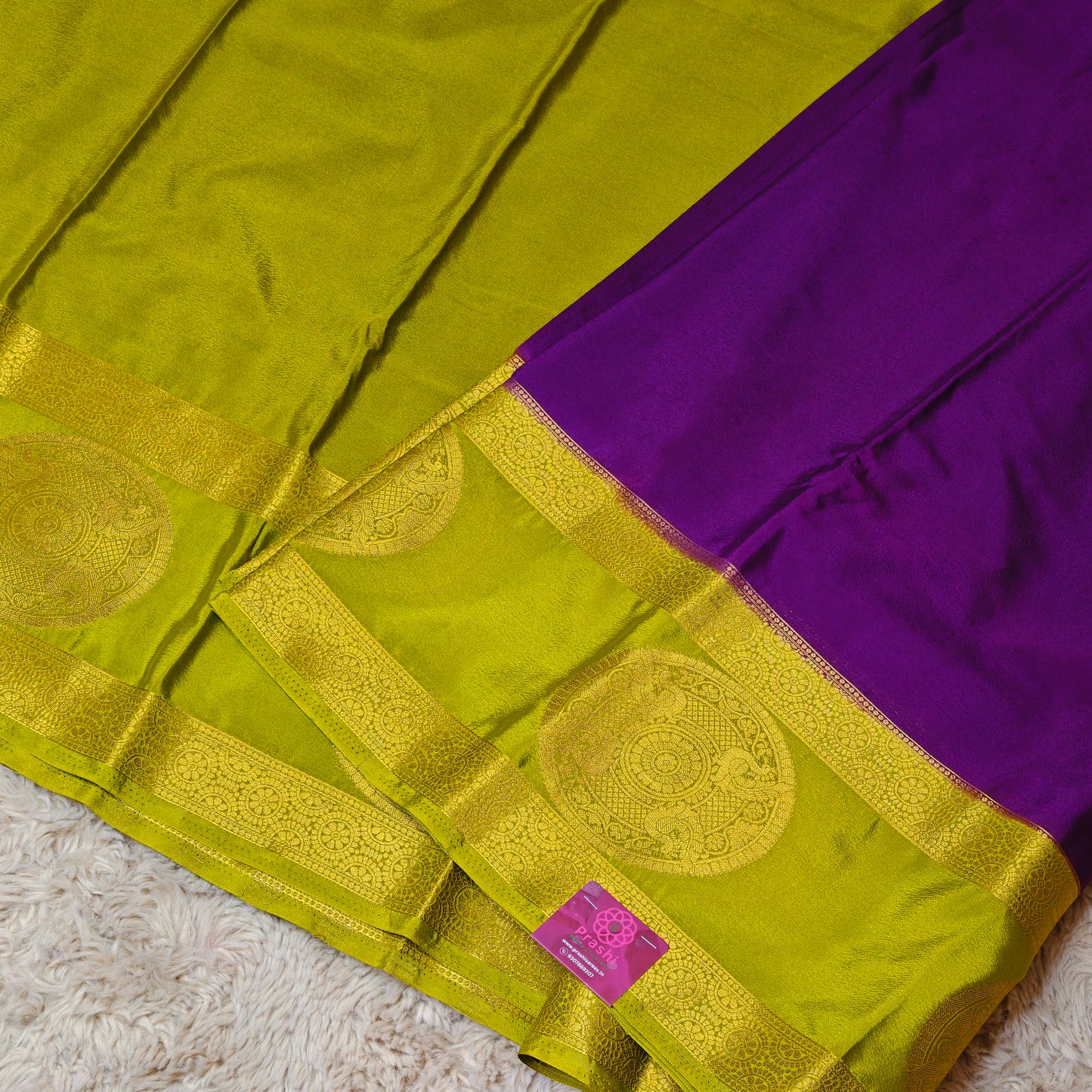 Purple with mehandi green semi mysore crepe bentex butta saree
