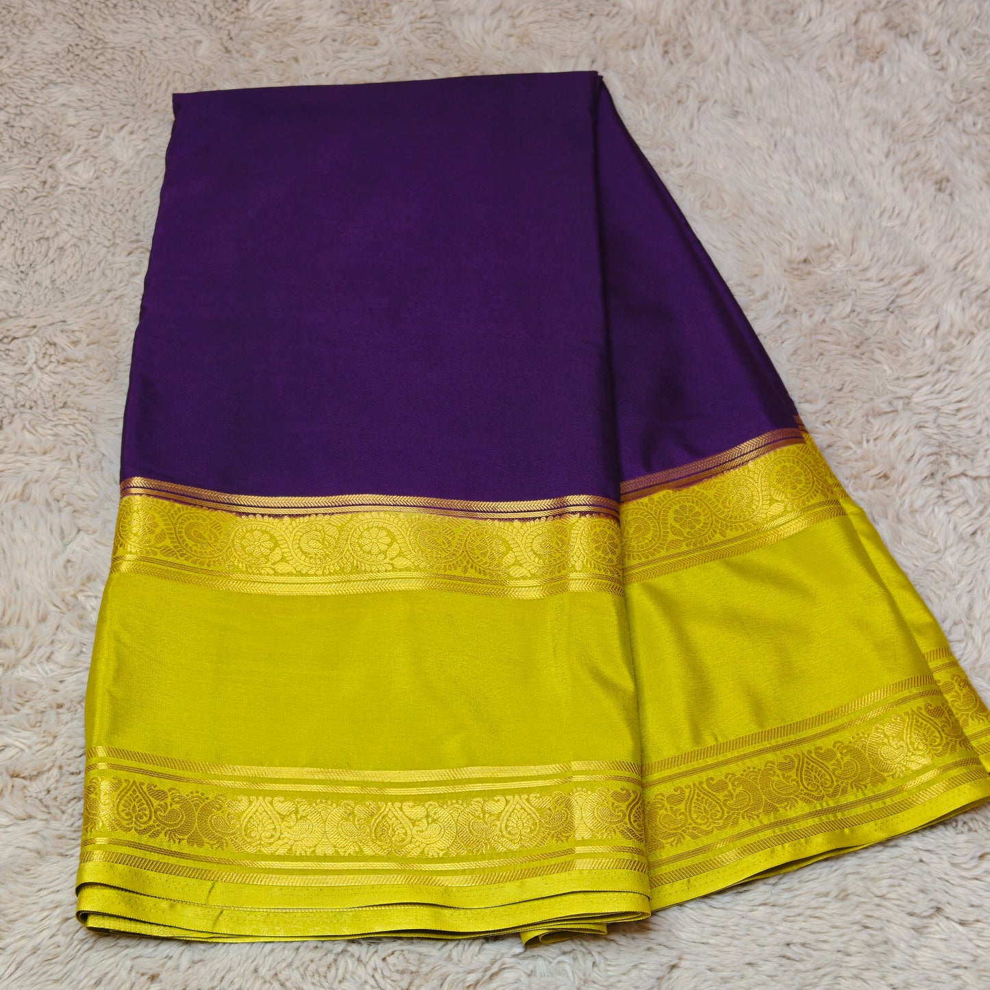 purple and mante green semi mysore crepe bentex saree