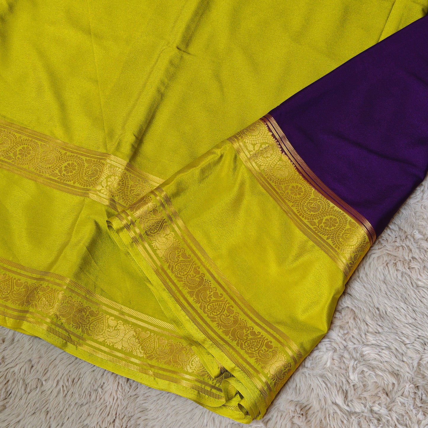 purple and mante green semi mysore crepe bentex saree