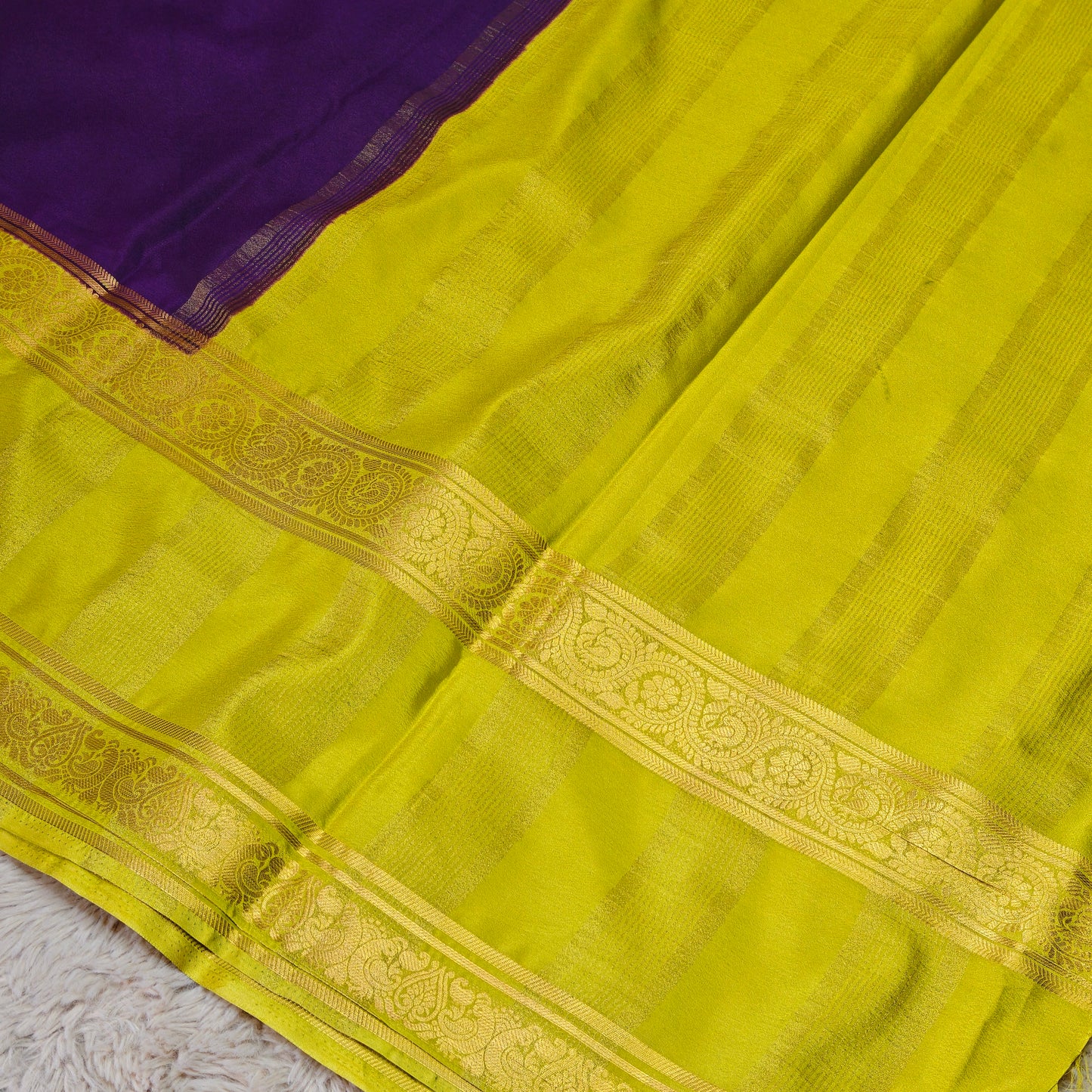 purple and mante green semi mysore crepe bentex saree