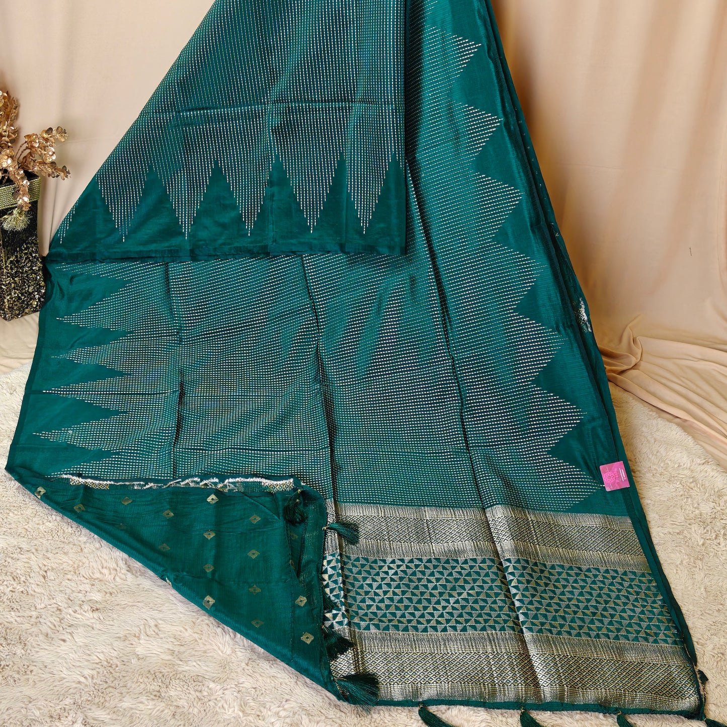 Bottle green semi silk saree