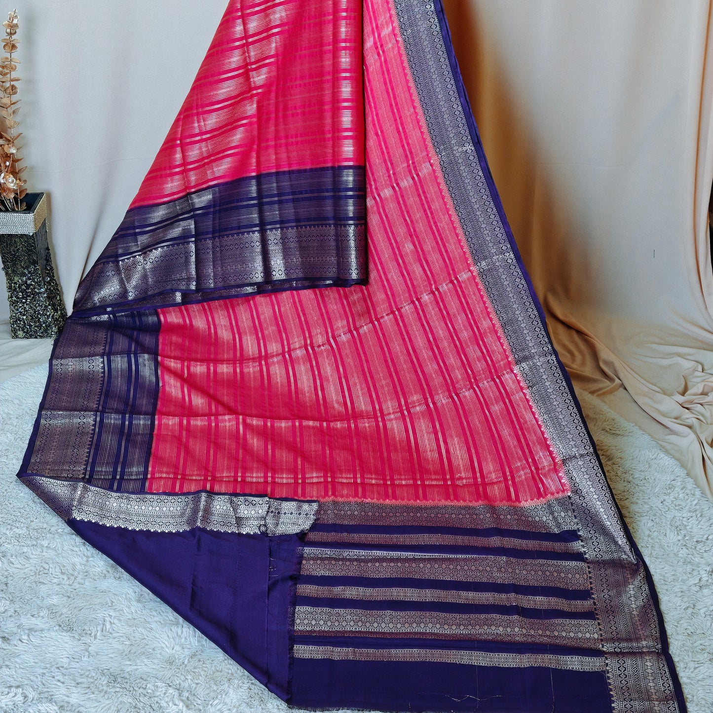 Pink and purple semi mysore crepe saree