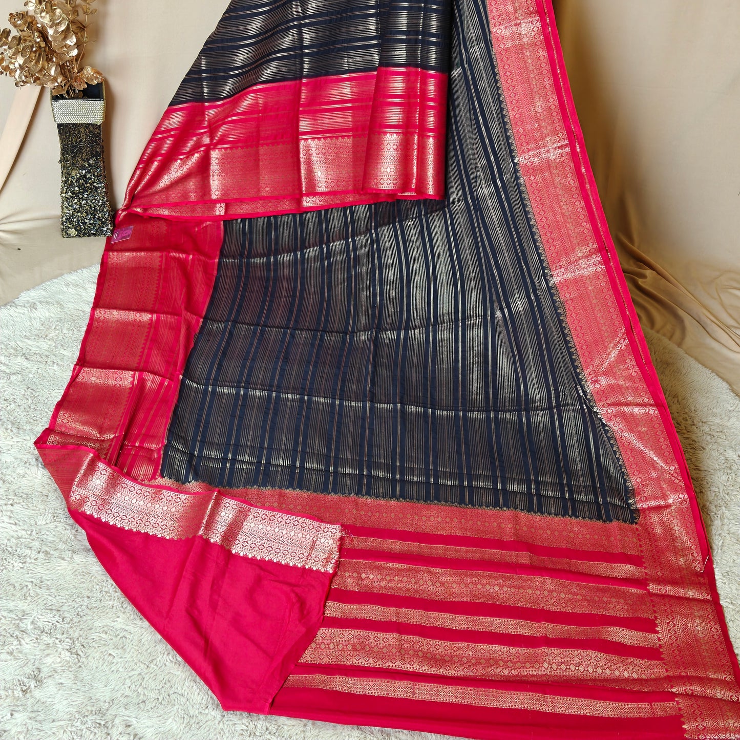 Black and pink semi mysore crepe zari lines