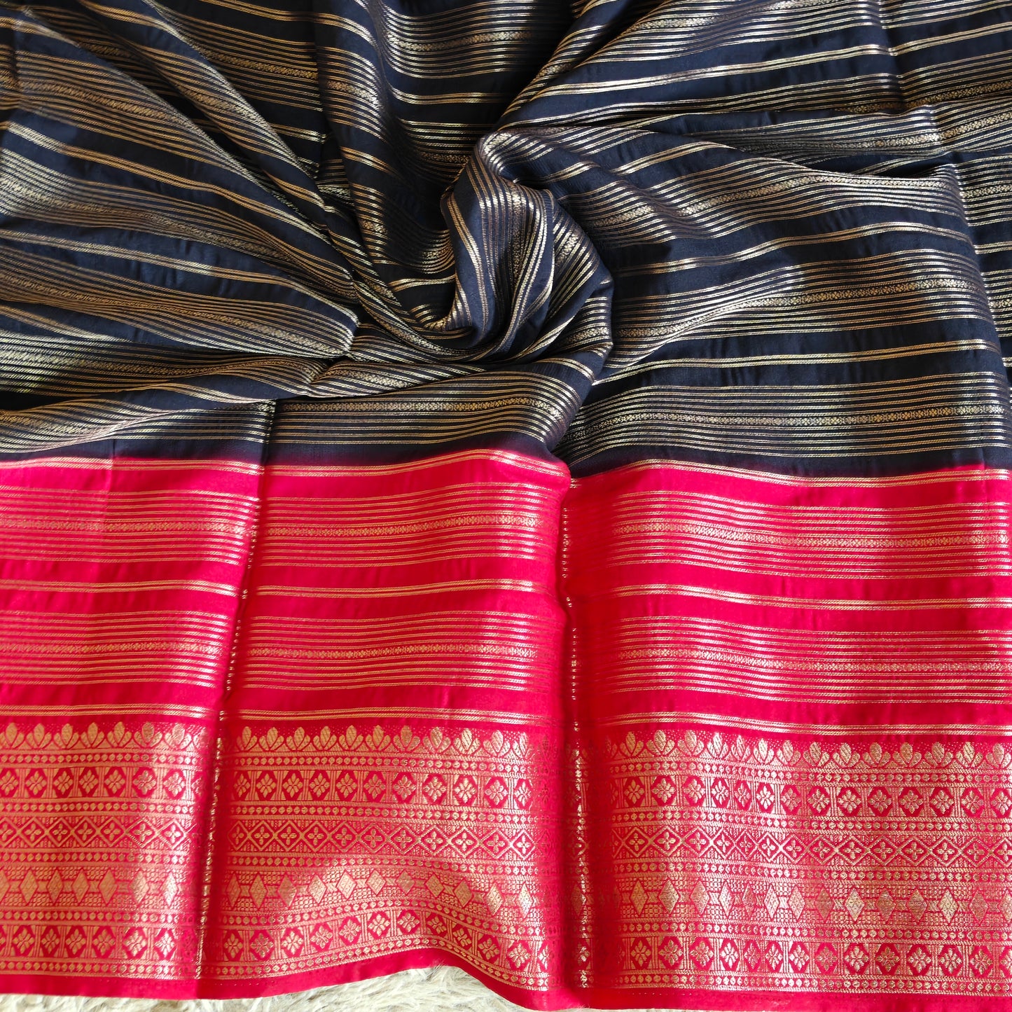 Black and pink semi mysore crepe zari lines