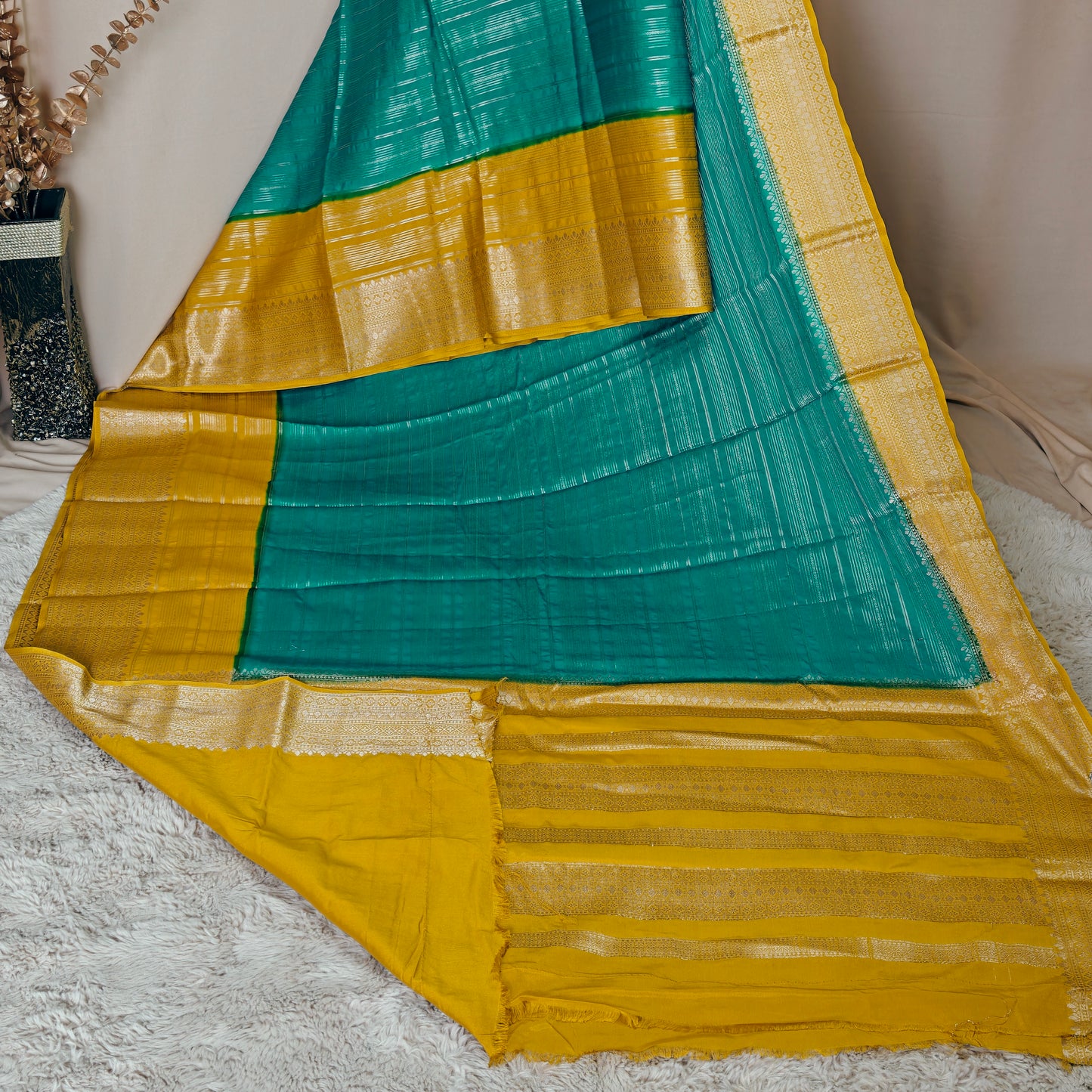 Rama green and yellow semi mysore crepe saree