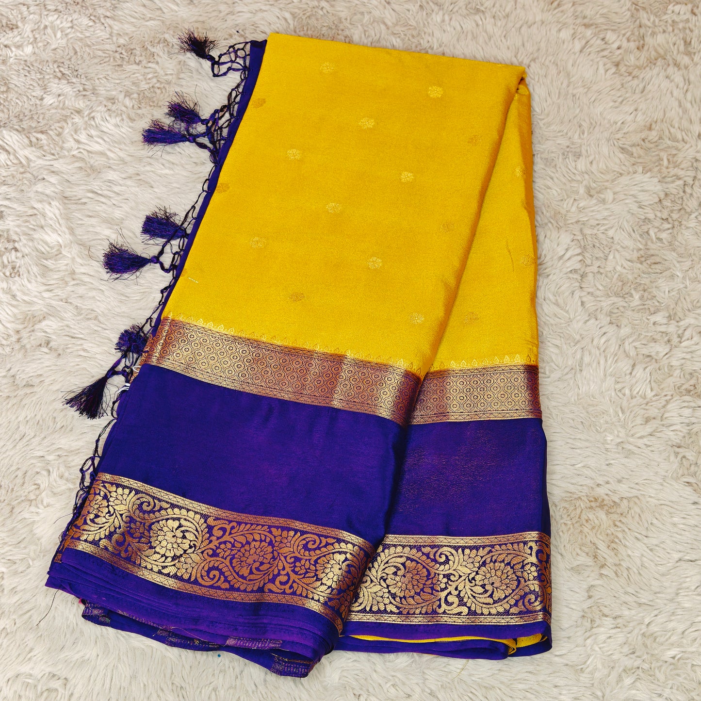 Yellow and purple semi mysore crepe butta saree