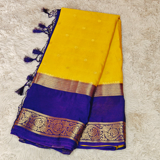 Yellow and purple semi mysore crepe butta saree