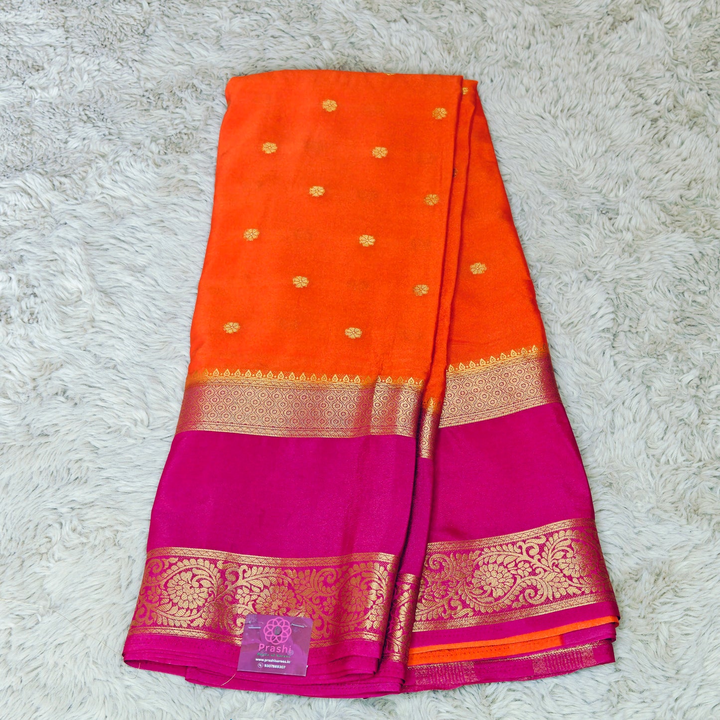 Orange with pink semi mysore crepe butta saree
