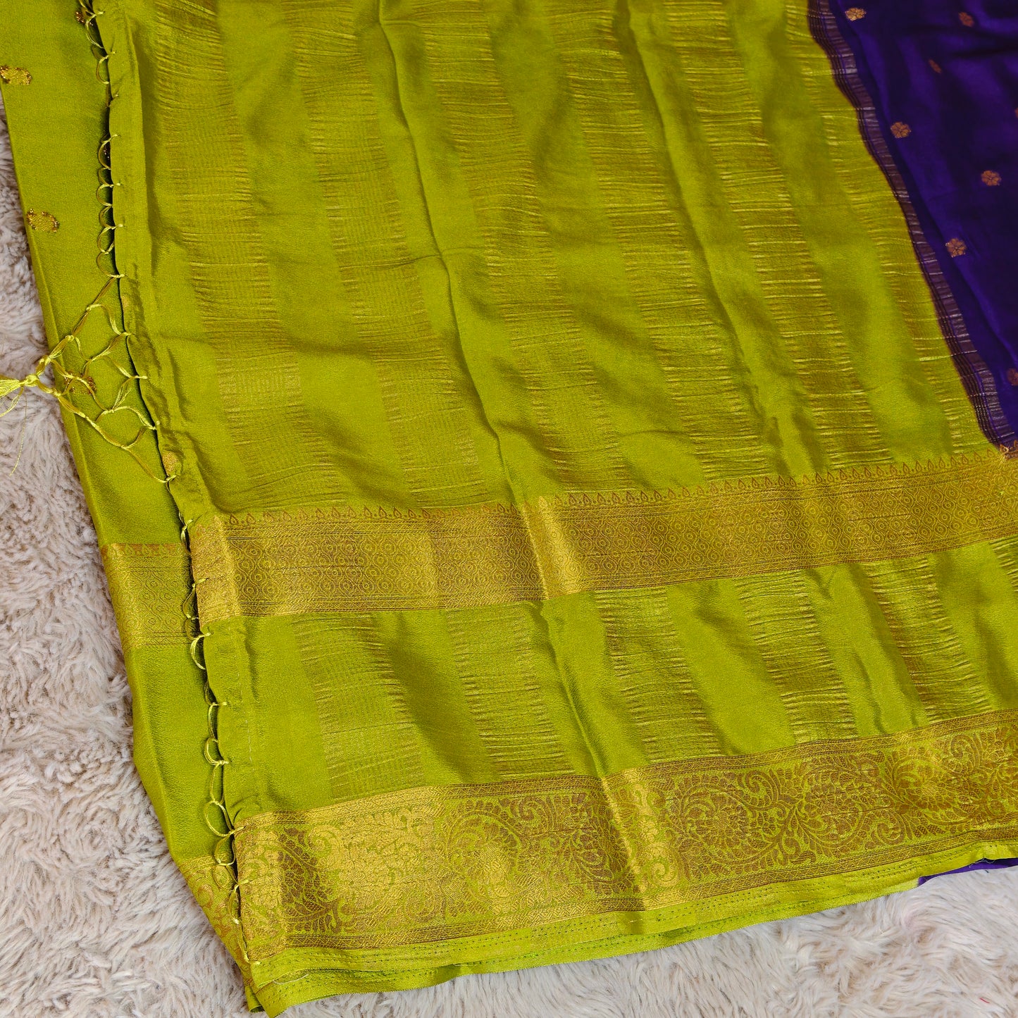 Purple with mehndi green semi mysore crepe butta saree