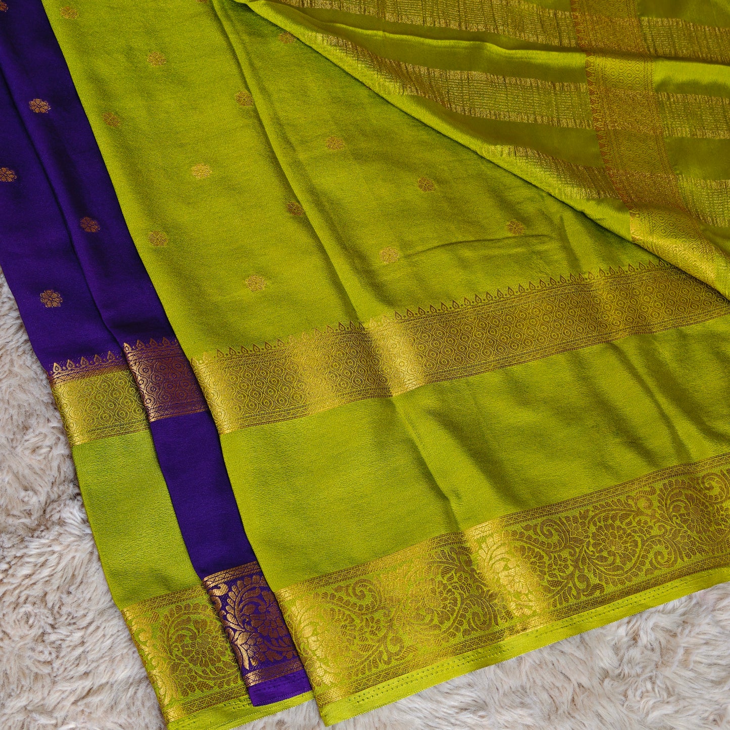 Purple with mehndi green semi mysore crepe butta saree