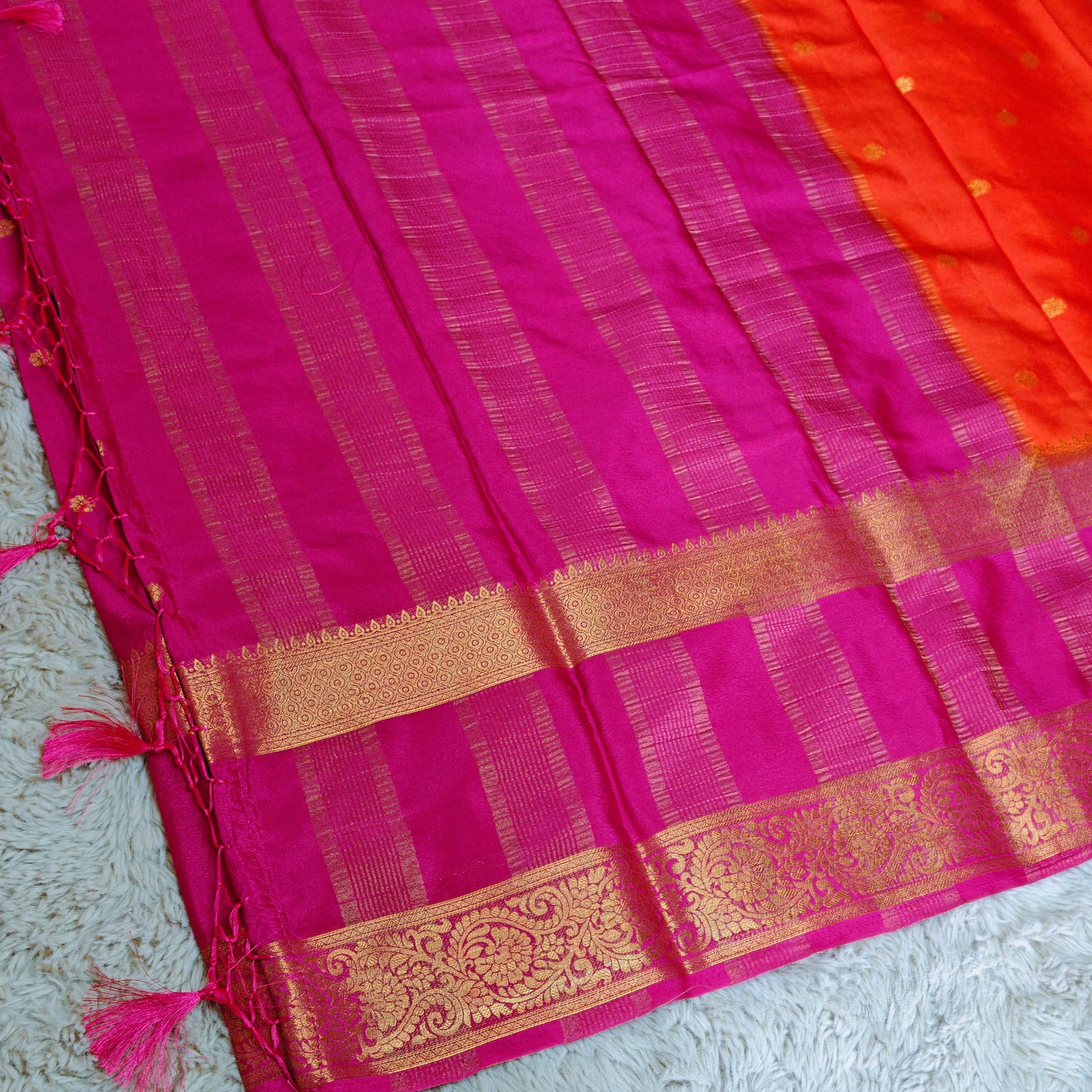 Orange with pink semi mysore crepe butta saree