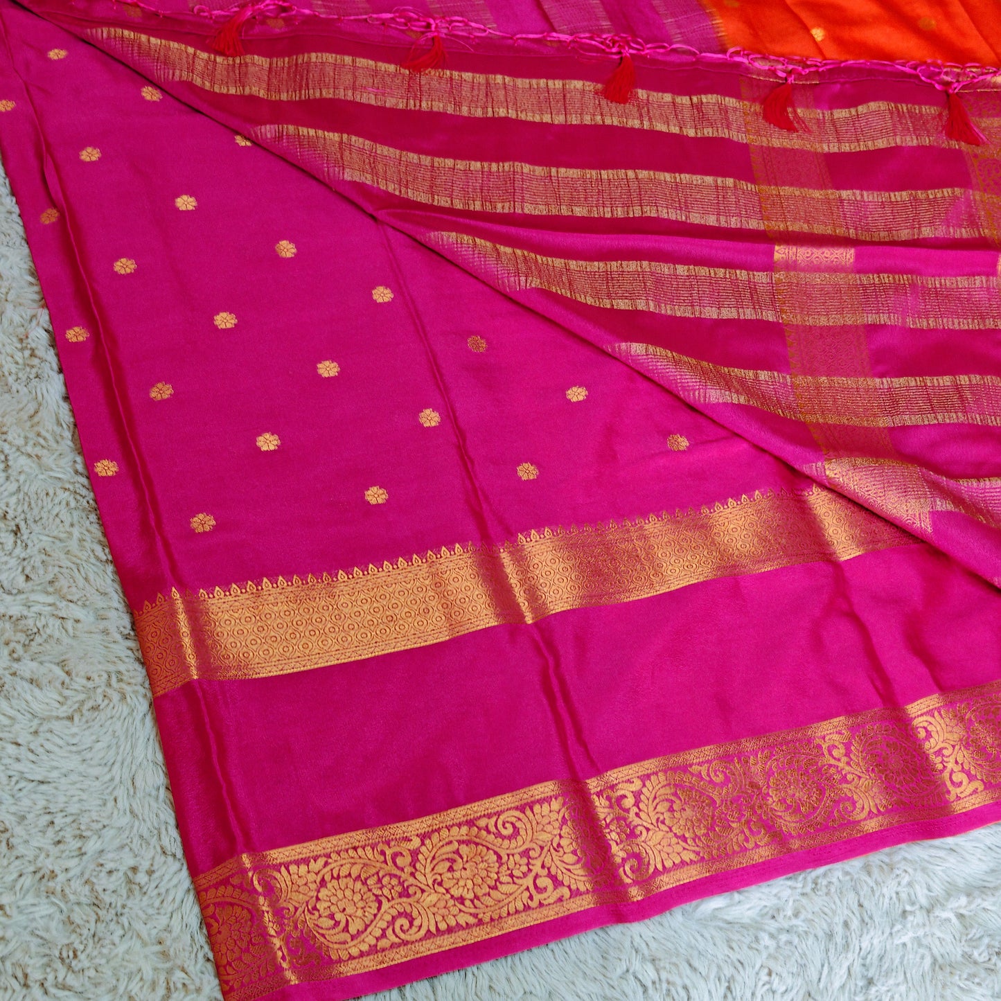 Orange with pink semi mysore crepe butta saree
