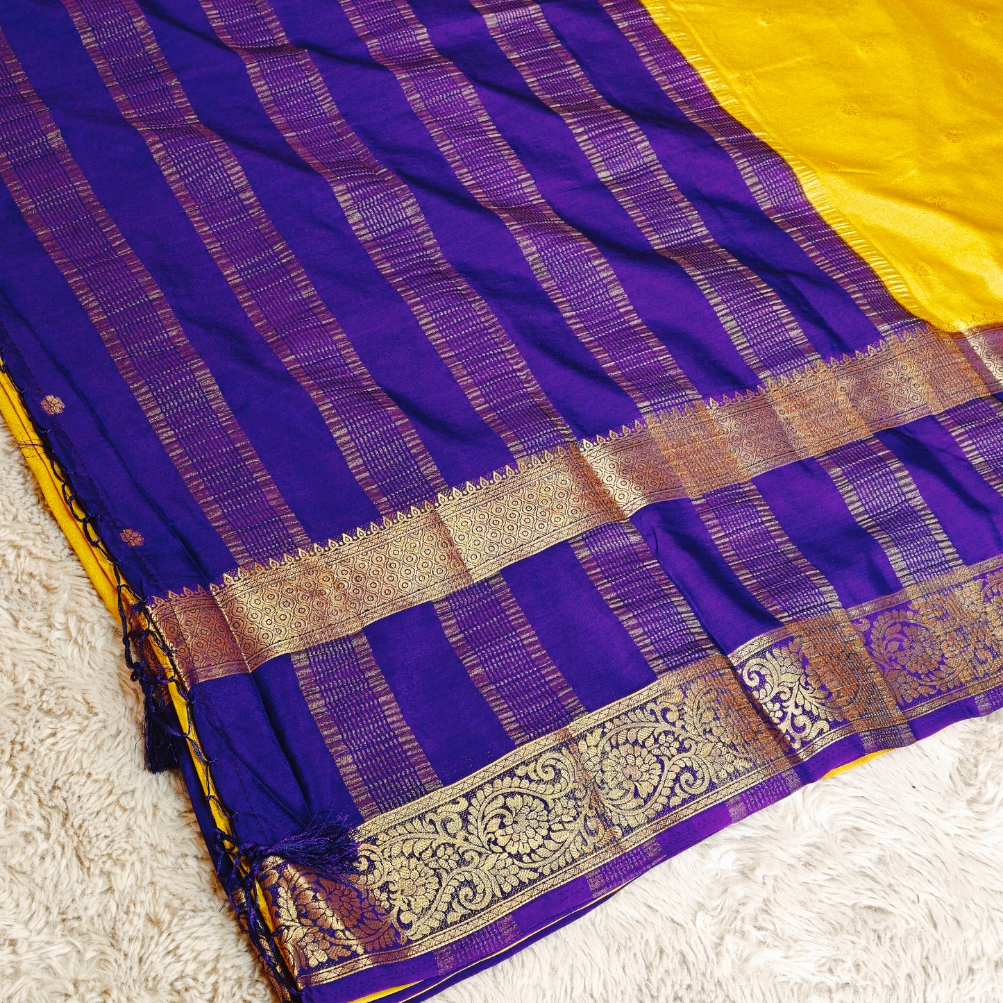 Yellow and purple semi mysore crepe butta saree