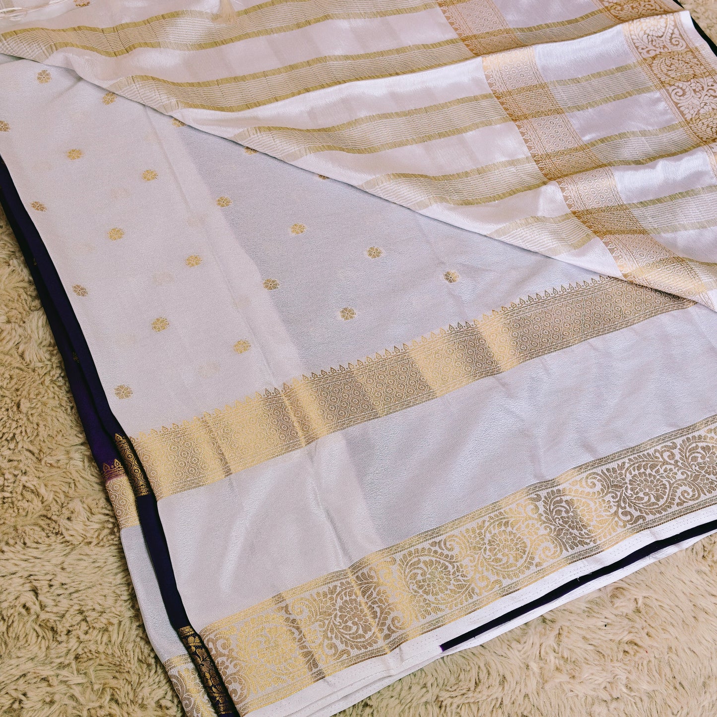 Purple with white semi mysore crepe butta saree