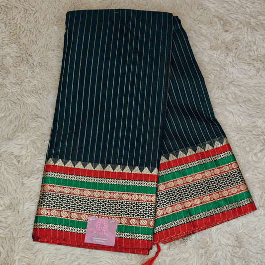 Black narayanpet cotton saree with stripes