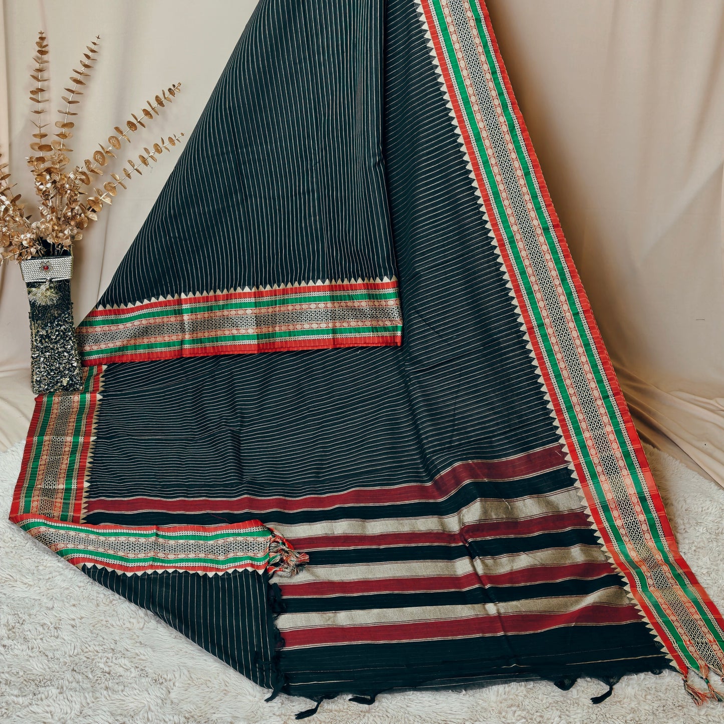 Black narayanpet cotton saree stripes design