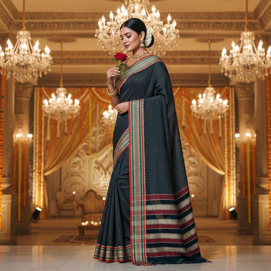 Black narayanpet cotton saree stripes design