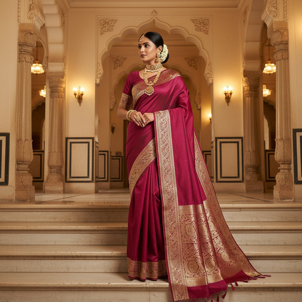 Magenta Dola silk plain saree