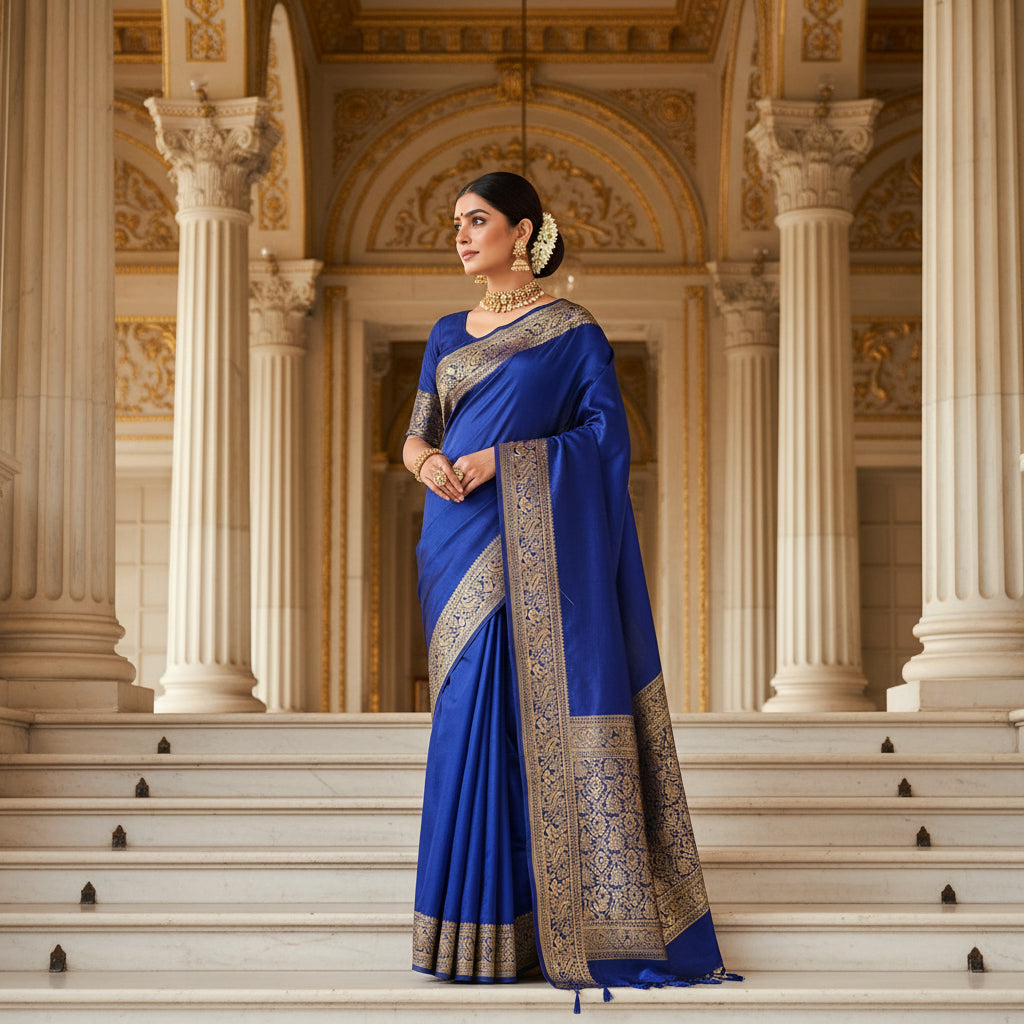 Navy blue Dola silk plain saree