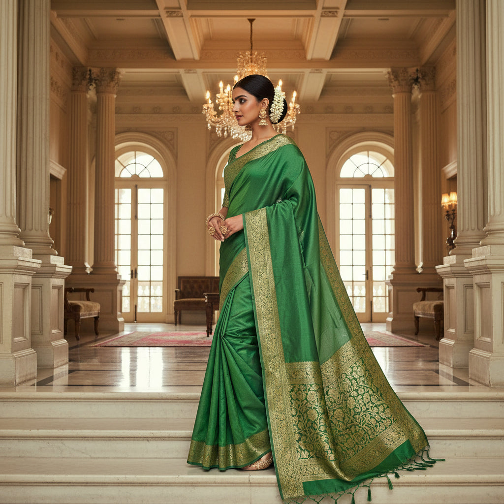 Green Dola silk plain saree