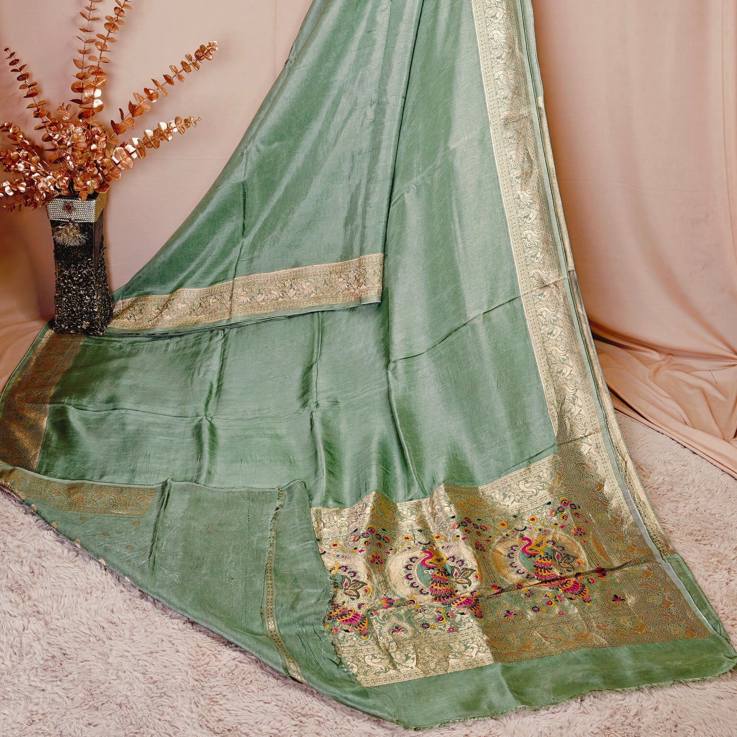 Peach green Dola silk plain saree