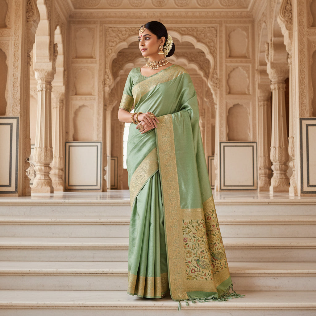 Peach green Dola silk plain saree