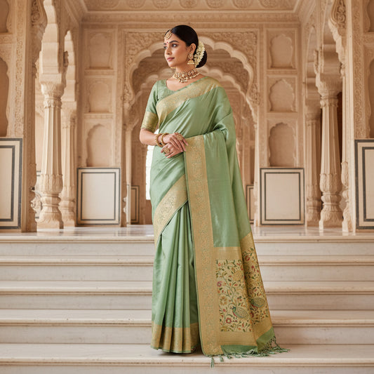 Pista green plain dola silk saree