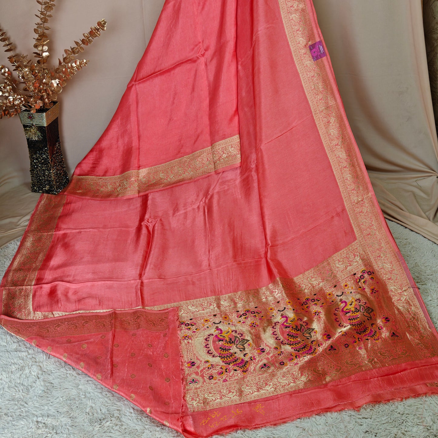 Orange Dola silk plain saree