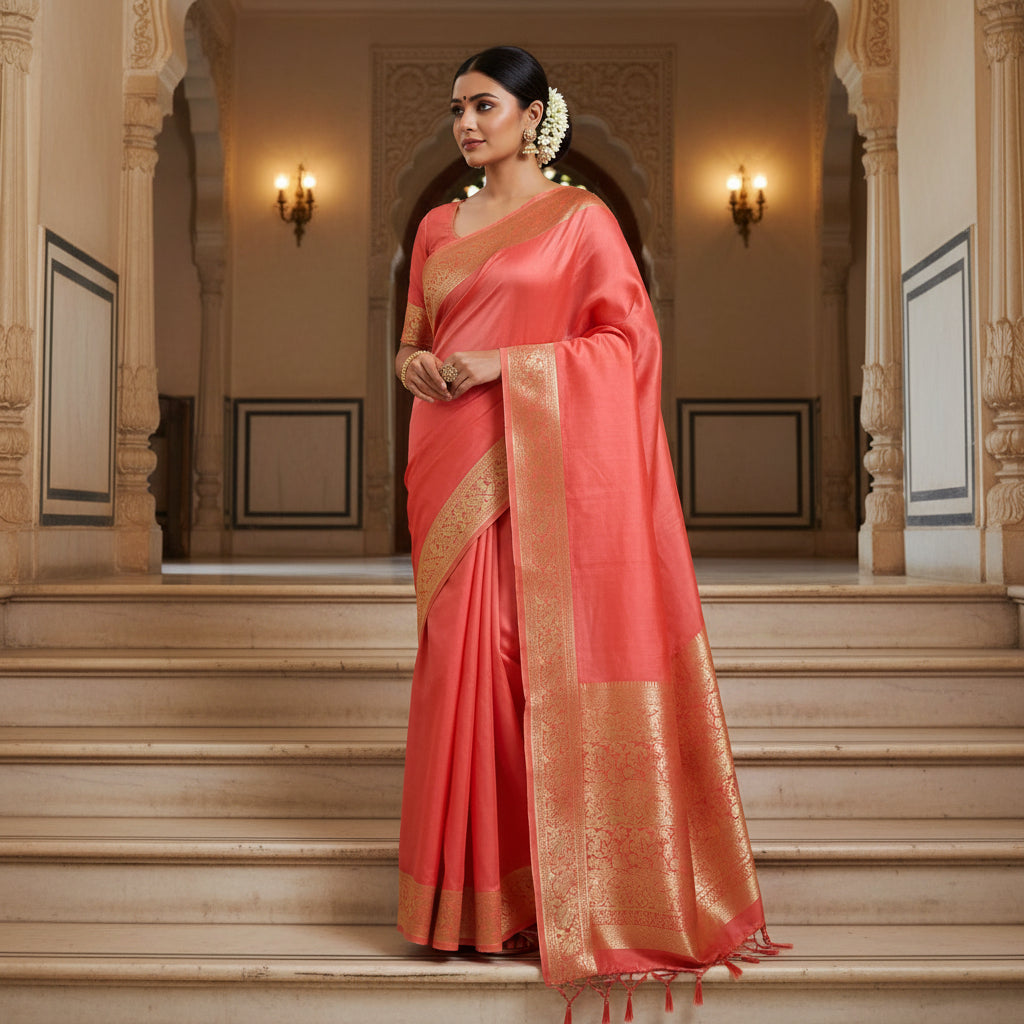 Orange Dola silk plain saree