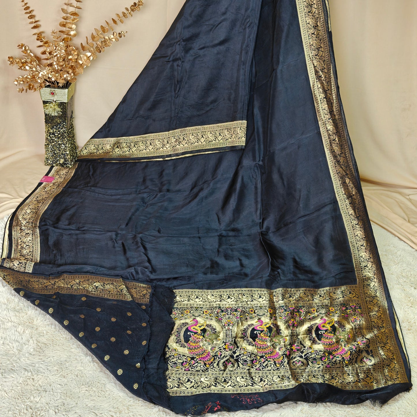 Black Dola silk plain saree