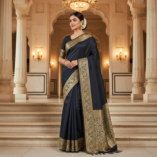 Black plain dola silk saree