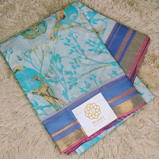 Powder blue kanchi cotton saree with digital print