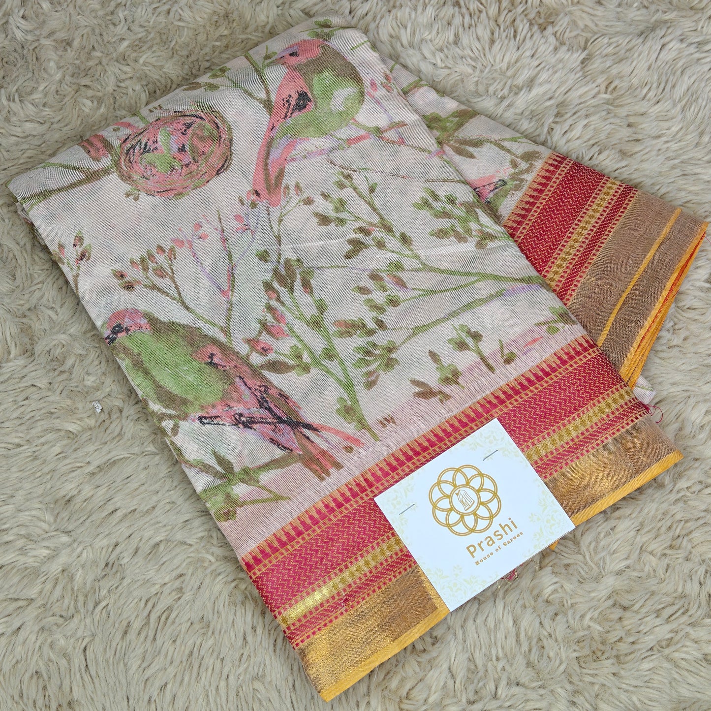 Half-white digital print cotton saree